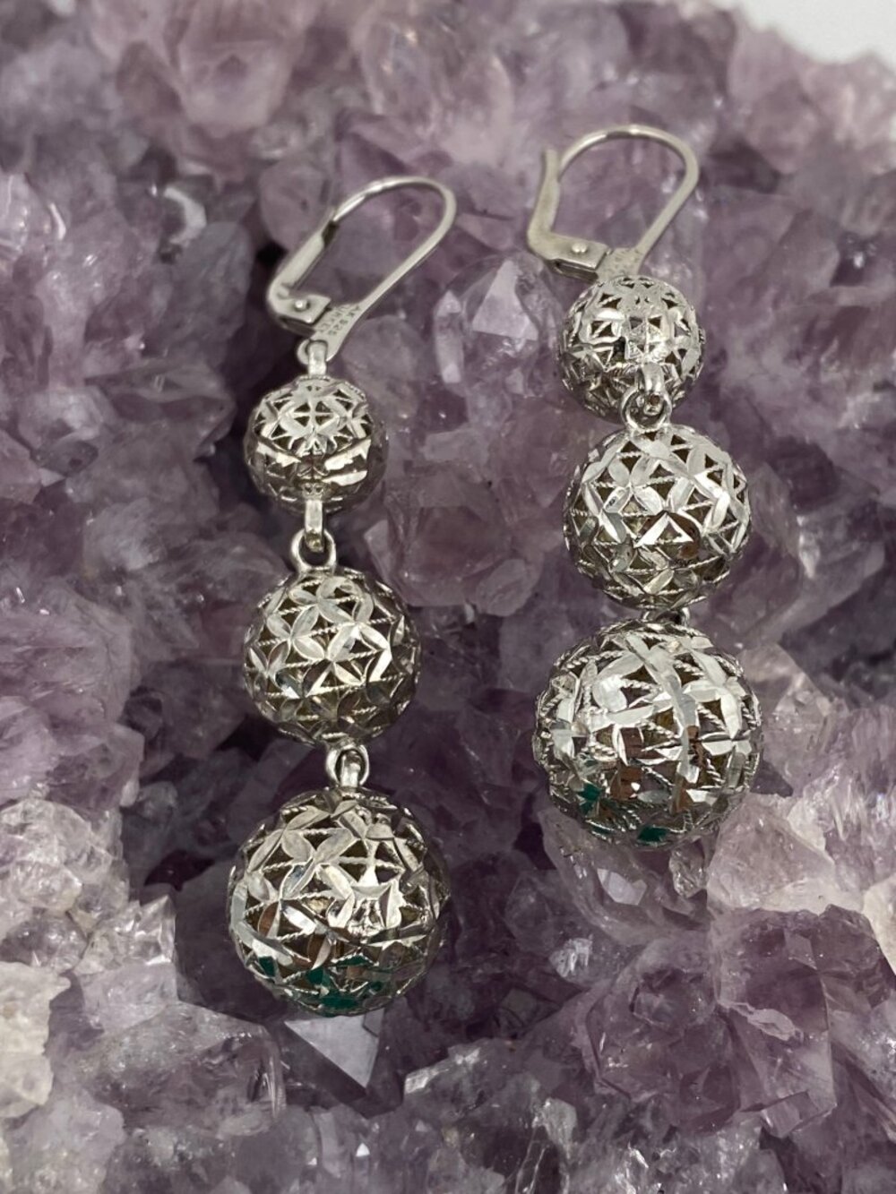 Sterling Silver Filigree Ball Dangle Earrings - M…